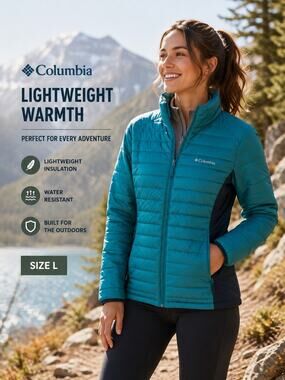 Columbia Women’s Lightweight Puffer Jacket Teal Black Full Zip Size Large